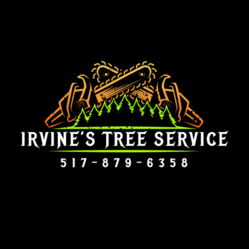 The logo for irvine 's tree service shows a chainsaw and trees.