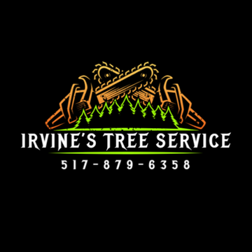 The logo for irvine 's tree service shows a chainsaw and trees.