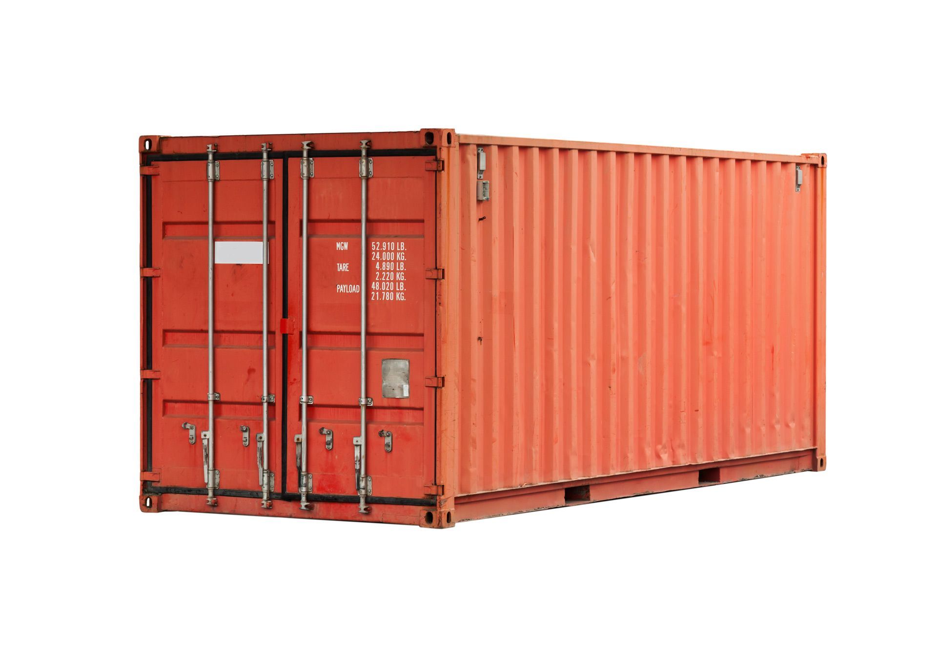A bright red metal container isolated on a white background, shipped by a container supplier.
