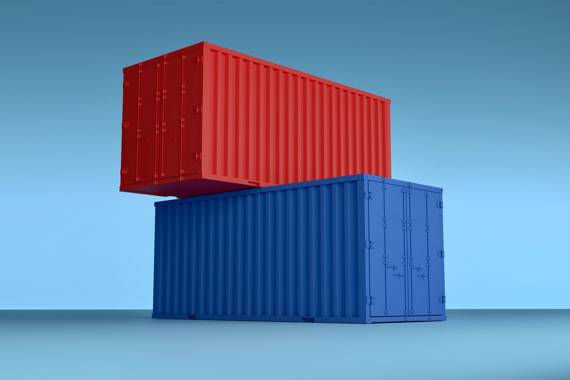 Digitally generated image of red and blue on-site storage containers stacked with a blue background.
