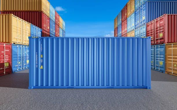 Blue container with stacked containers in the distance showing Shipping Container Supplier services.
