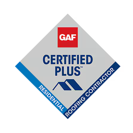 Diamond-shaped GAF Certified Plus Residential Roofing Contractor logo in red, blue, and gray.