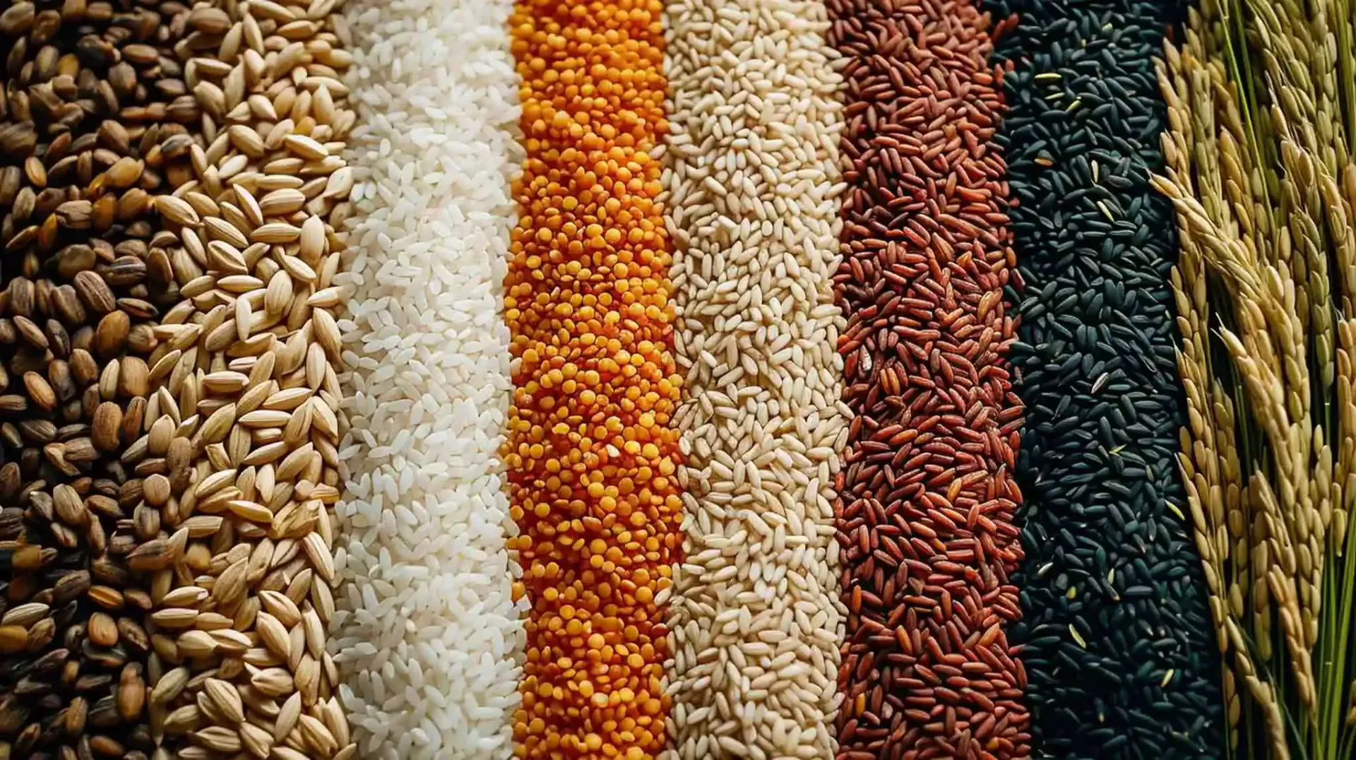 a variety of different types of grains are lined up in a row