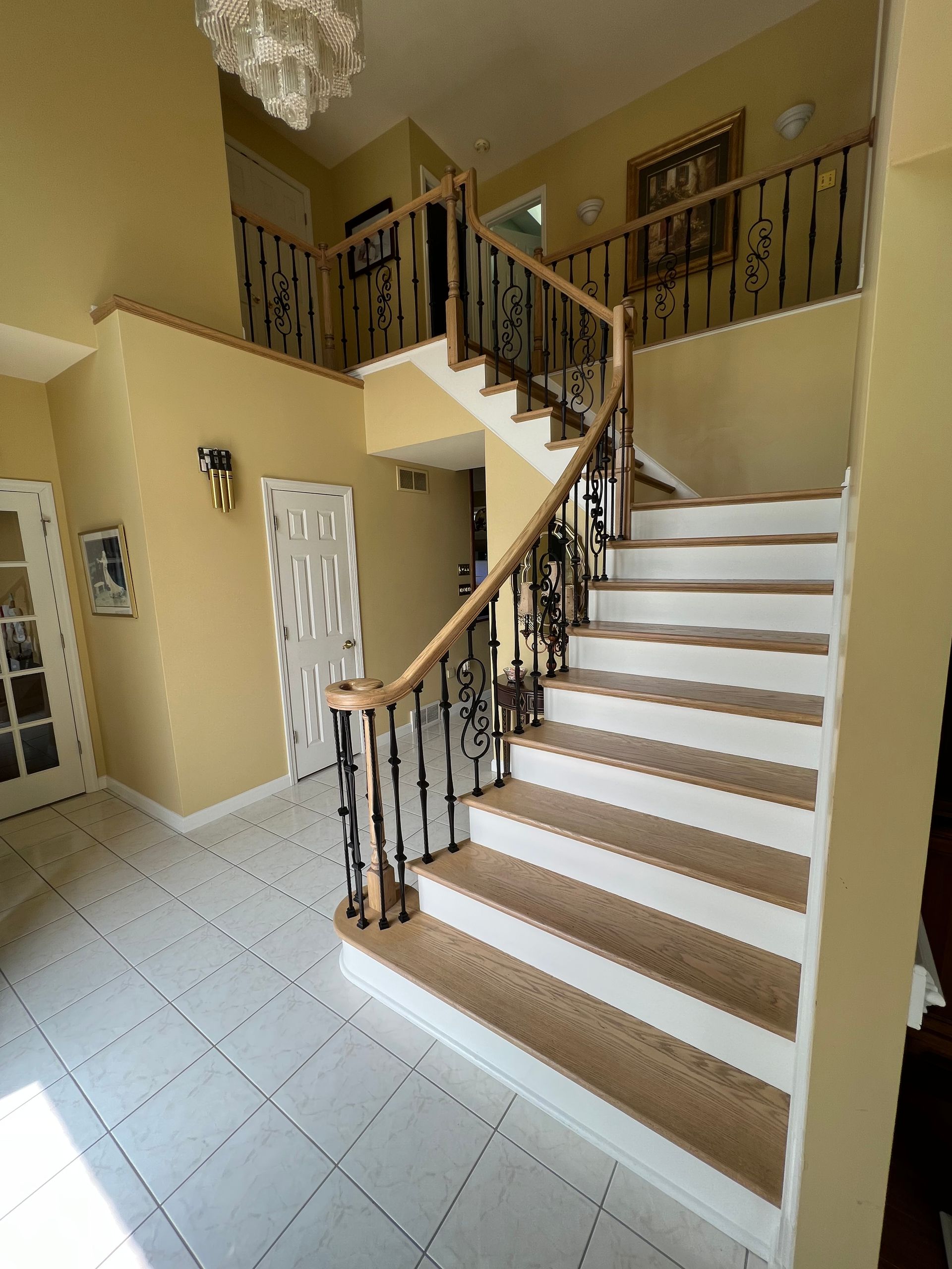 There is a staircase in the middle of the room.