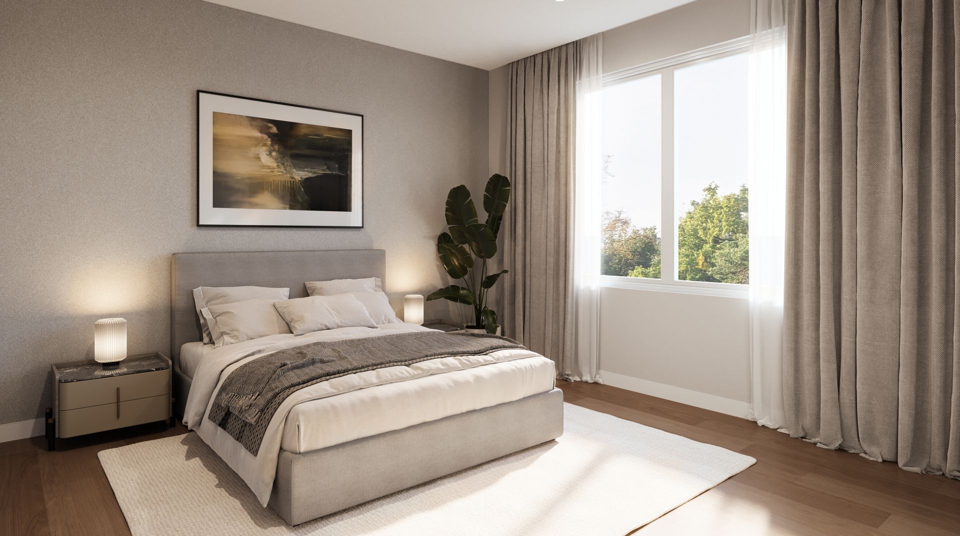 Modern bedroom with a neatly made bed, bedside lamps, wall art, and sunlight through large curtains