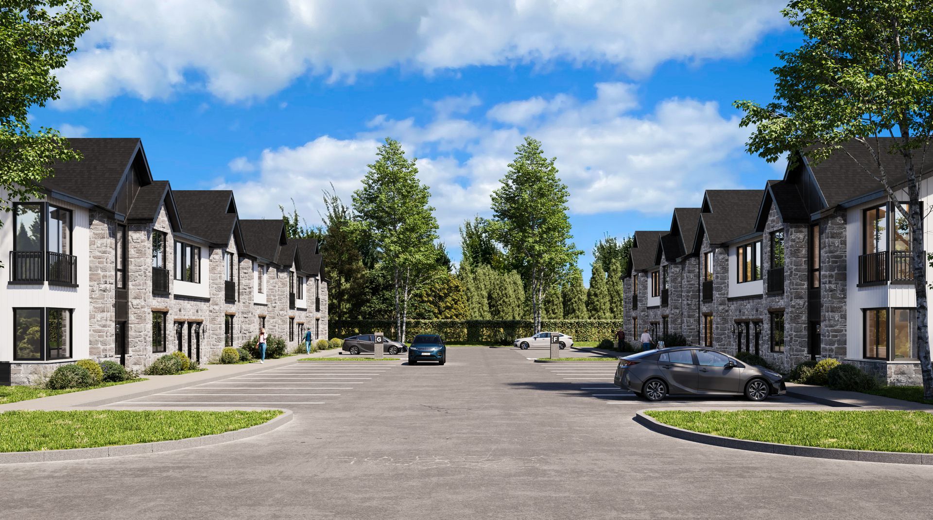 Modern apartment complex courtyard with parked cars and a blue sky.