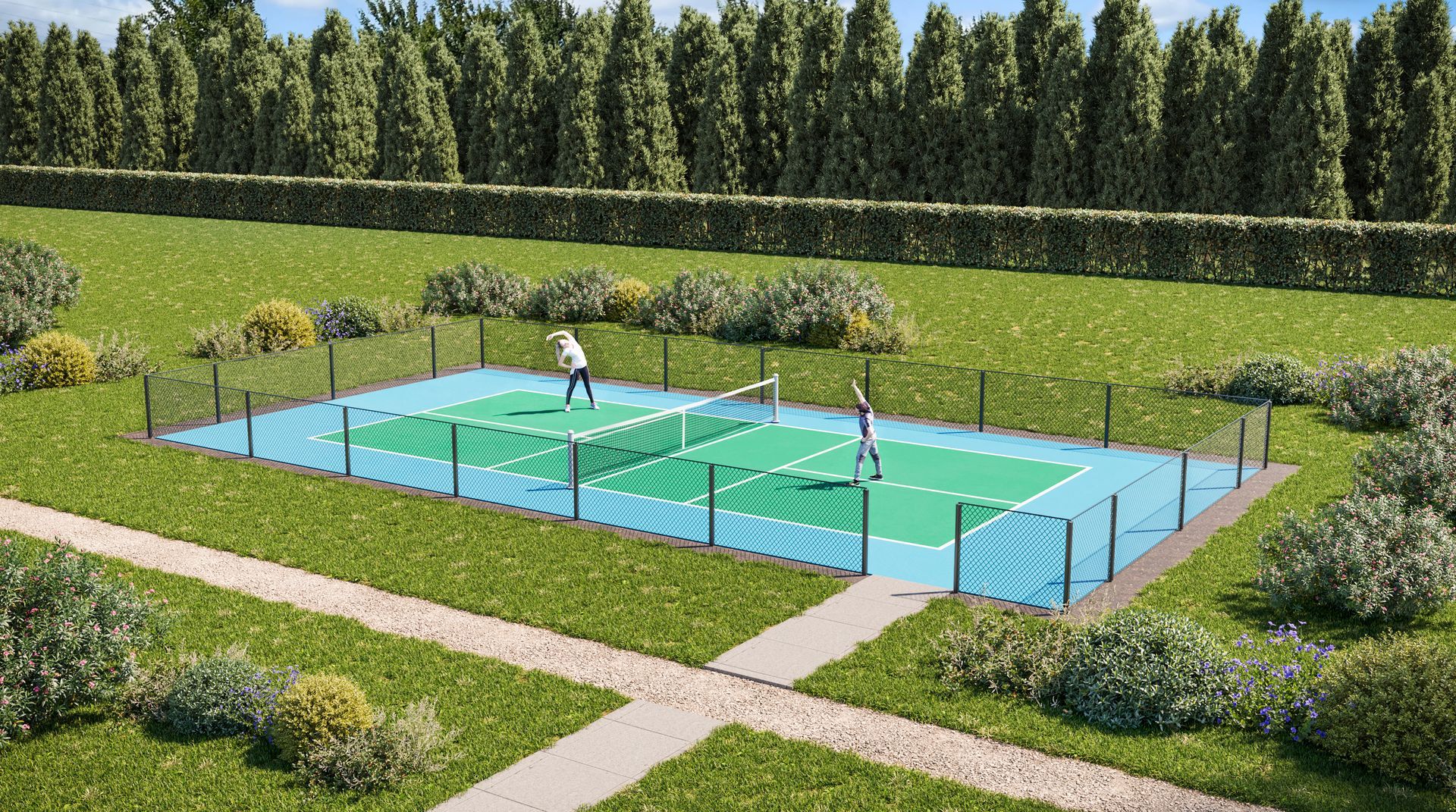 Outdoor tennis court surrounded by hedges and trees, with two players on a blue hard court.