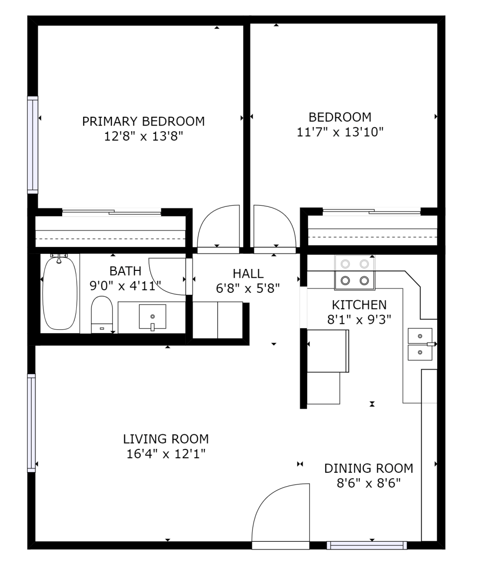 2 Bed, 1 Bath Floor Plan