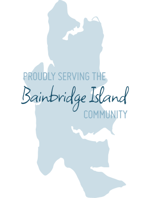 Silhouette map of Bainbridge Island WA with text overlayed that reads