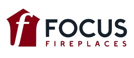 The logo for focus fireplace is red and black