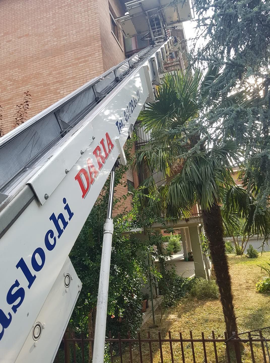 Vista laterale di un'insegna bianca con testo blu e rosso accanto a palme e una recinzione.