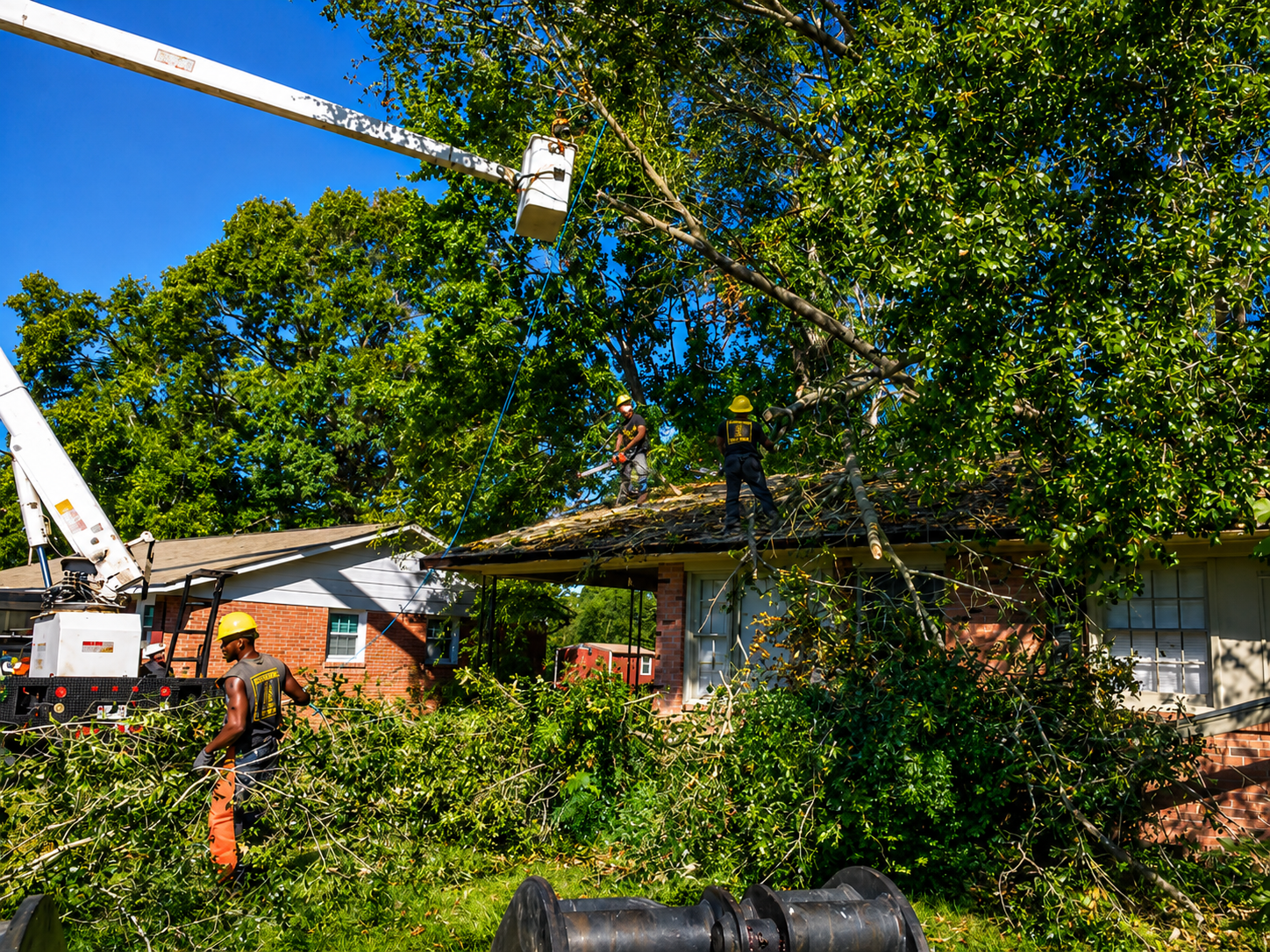 Workers trimming a large tree over a red house, with a bucket truck in the yard