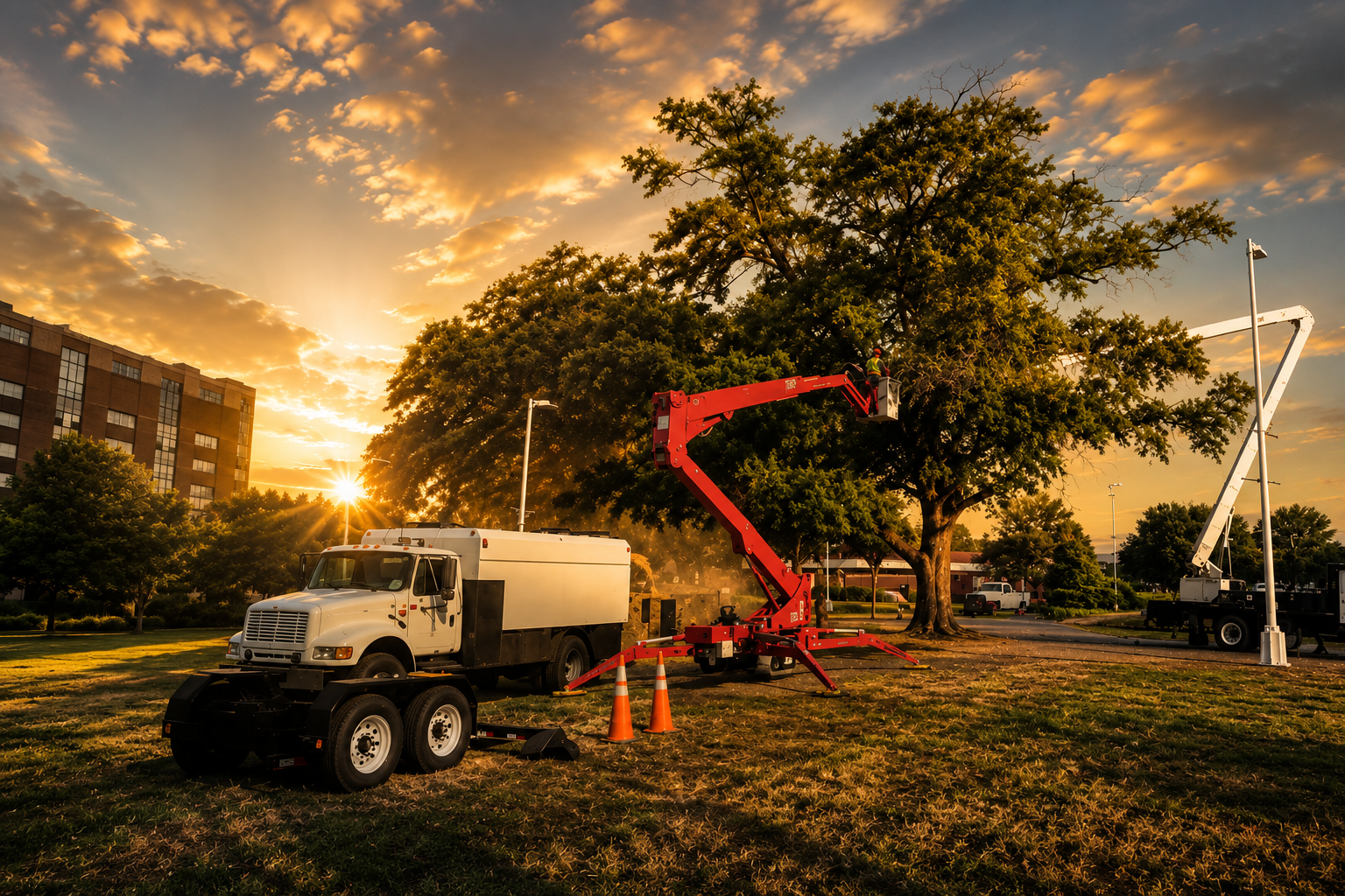 Utility truck and red boom lift working in a park at sunset