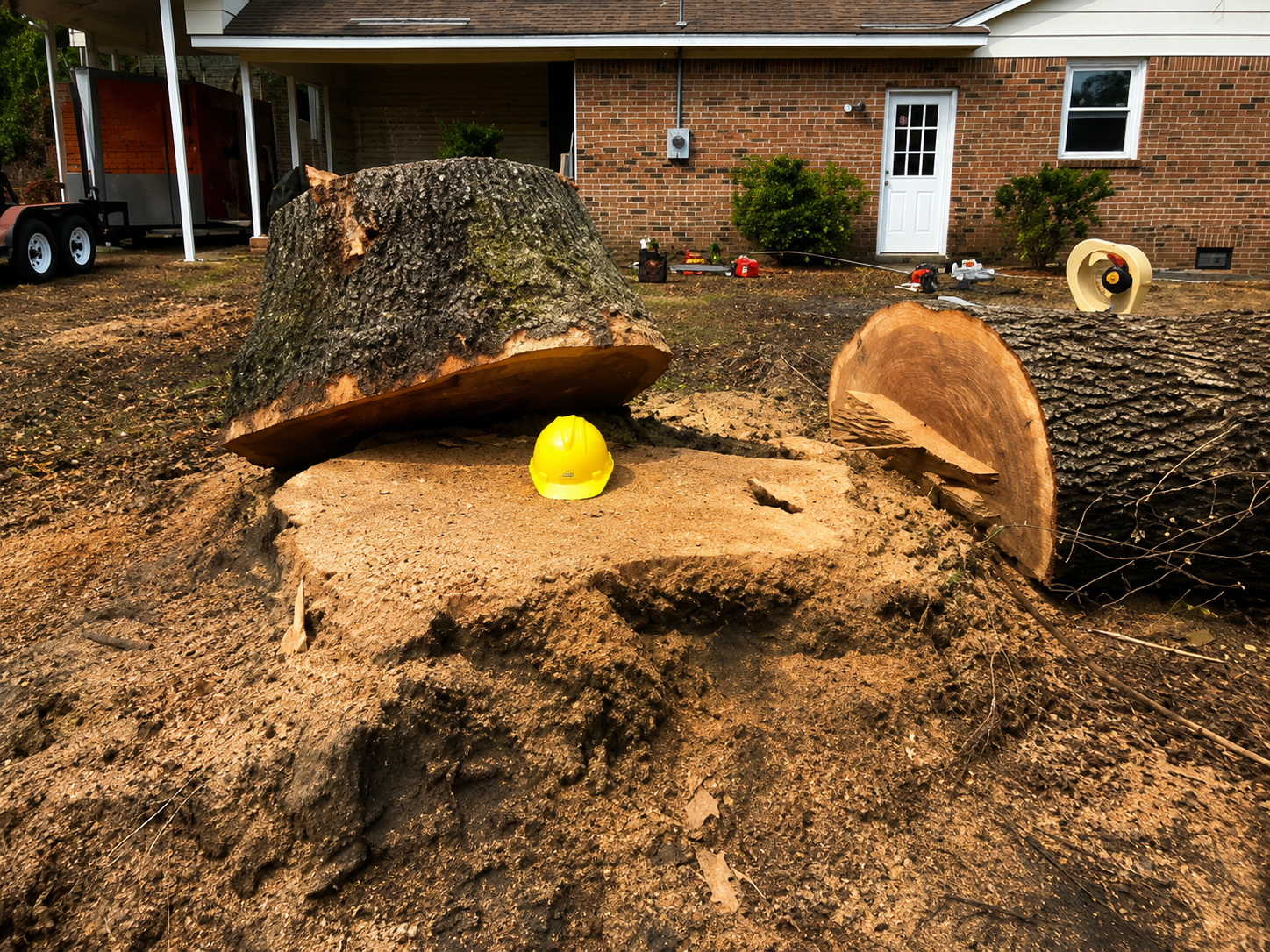 Large fallen tree trunk with sawdust in a yard beside a brick house and white door