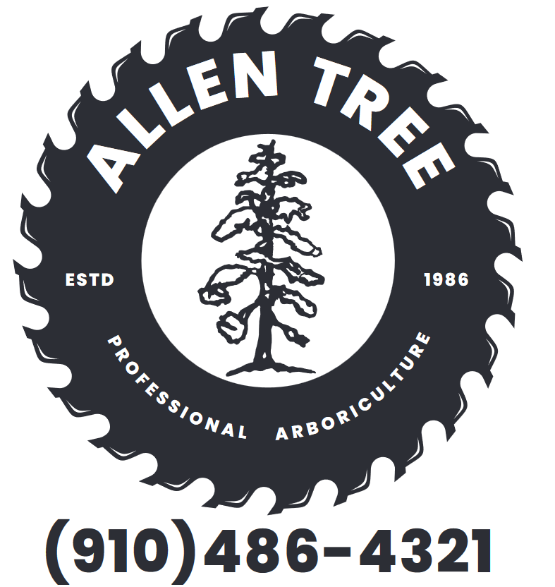 Allen Tree Professional Arboriculture logo with tree emblem and phone number (910) 486-4321