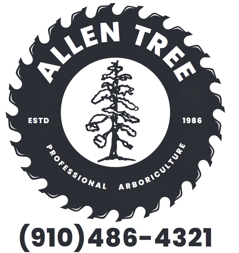 Allen Tree professional arboriculture logo with tree-ring design and phone number (910) 486-4321