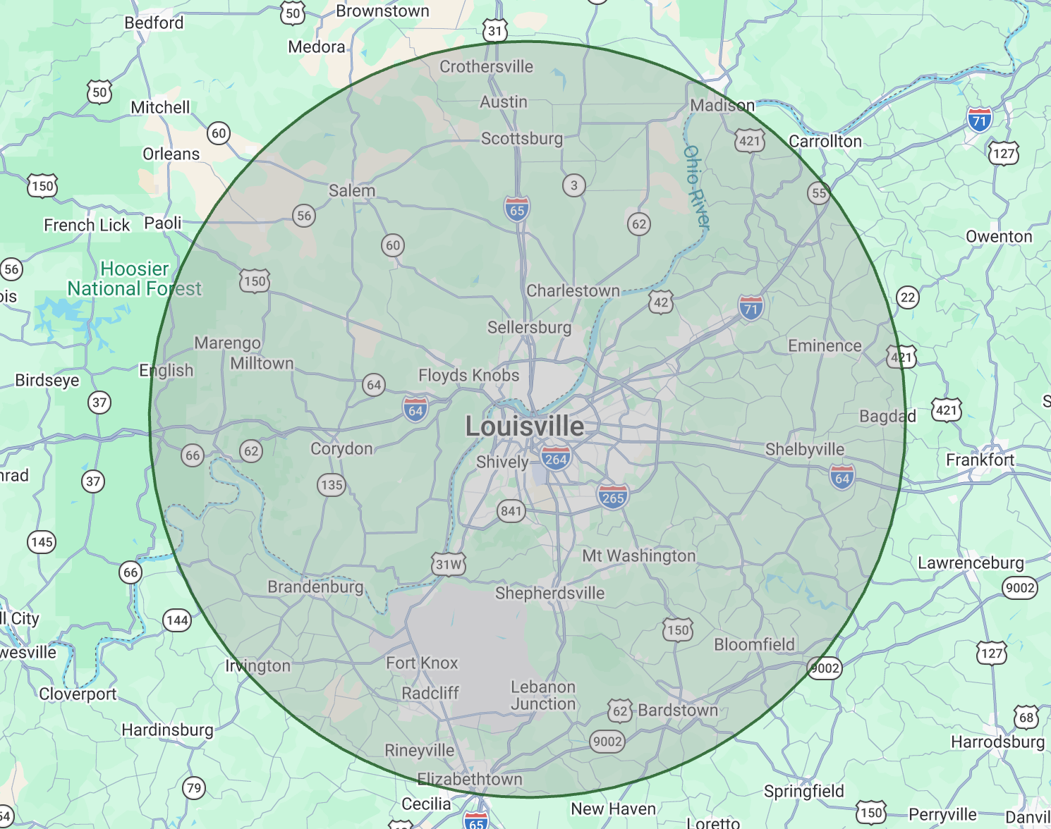 Map centered on Louisville with a large shaded circle indicating a coverage area over nearby towns and roads.