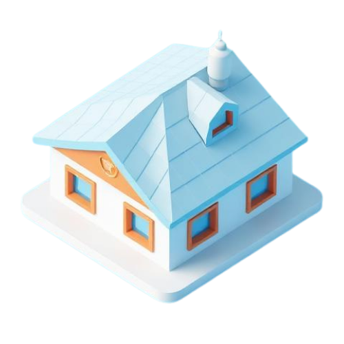 Cartoon-style house icon with blue roof, dormer, and orange window frames, set on a white platform.