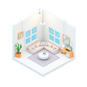 Isometric view of a living room with a sectional sofa, windows, desk, coffee table, and a cactus in a pot.