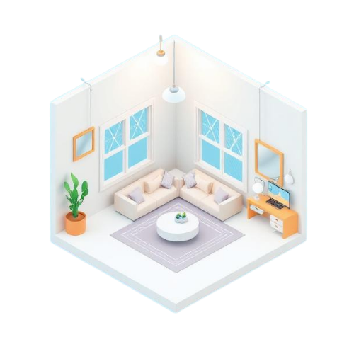Isometric view of a living room with a corner sofa, windows, desk, and a potted cactus.