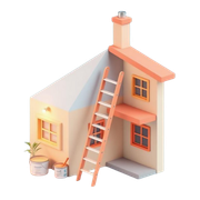 Cartoon house with ladder, paint cans, and potted plant.
