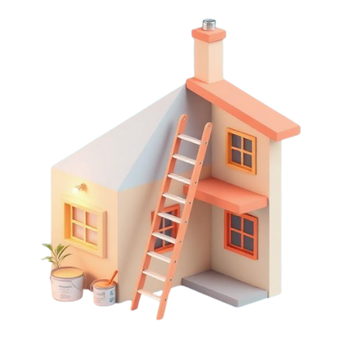 Isometric view of a house with a ladder, chimney, and paint cans. Pastel colors.