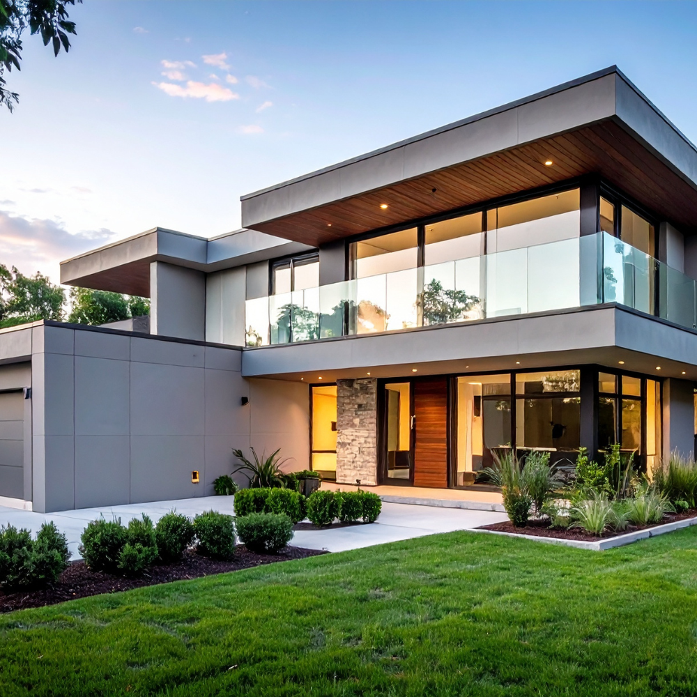 Modern gray house with glass windows and a wood door, green lawn, and blue sky.