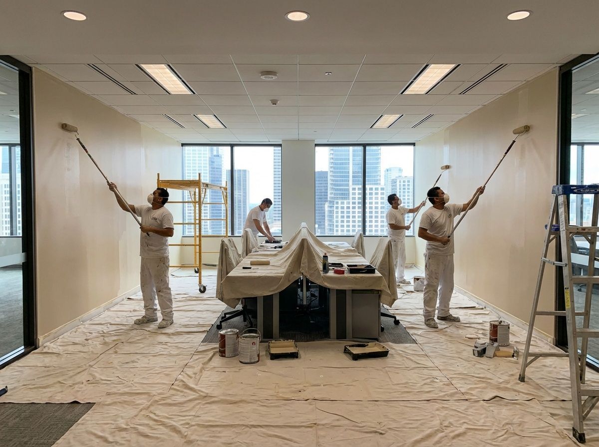 Four workers in white coveralls paint opposite walls of an office space with rollers while standing on drop cloths.