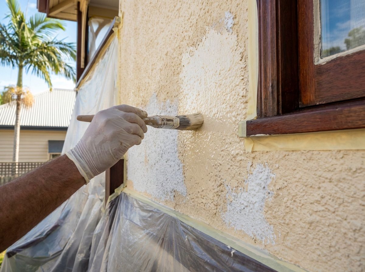 Gloved hand painting a stucco wall beside a window outdoors