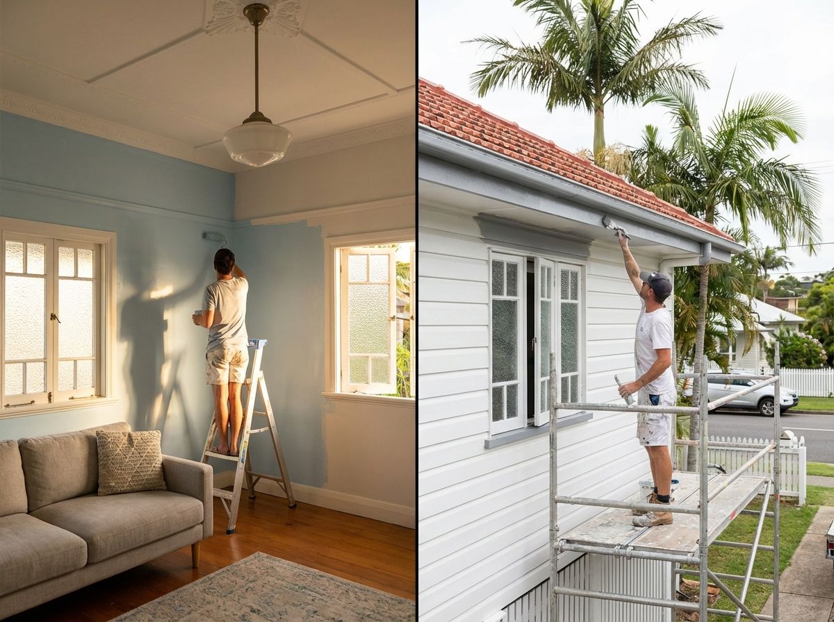 Split screen showing a painter painting a light blue indoor wall on a ladder, and a painter painting white exterior trim.