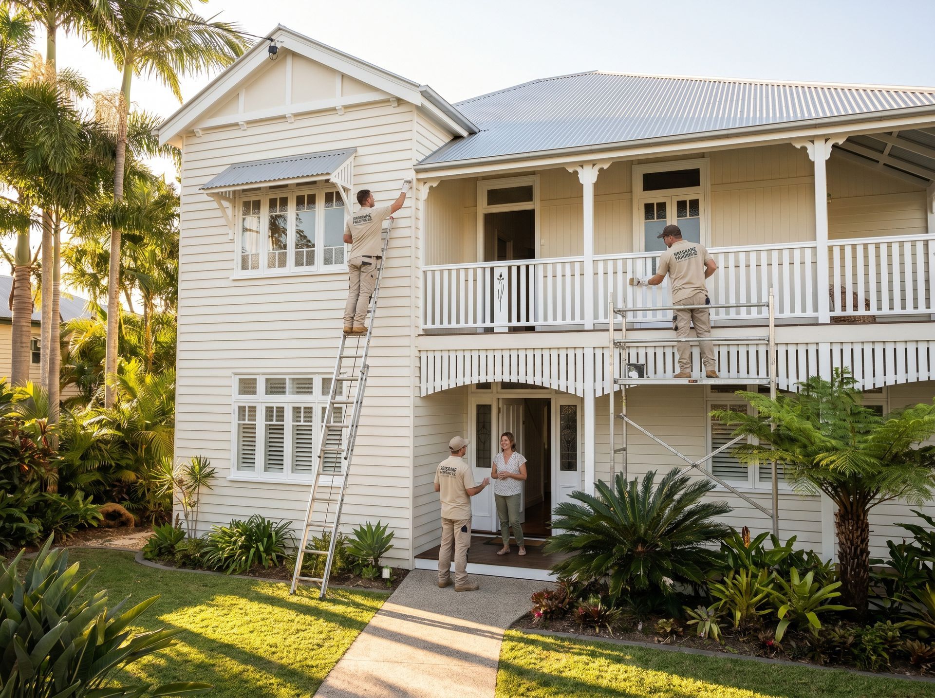 Two-story white house with workers on ladders painting the exterior in a sunny yard