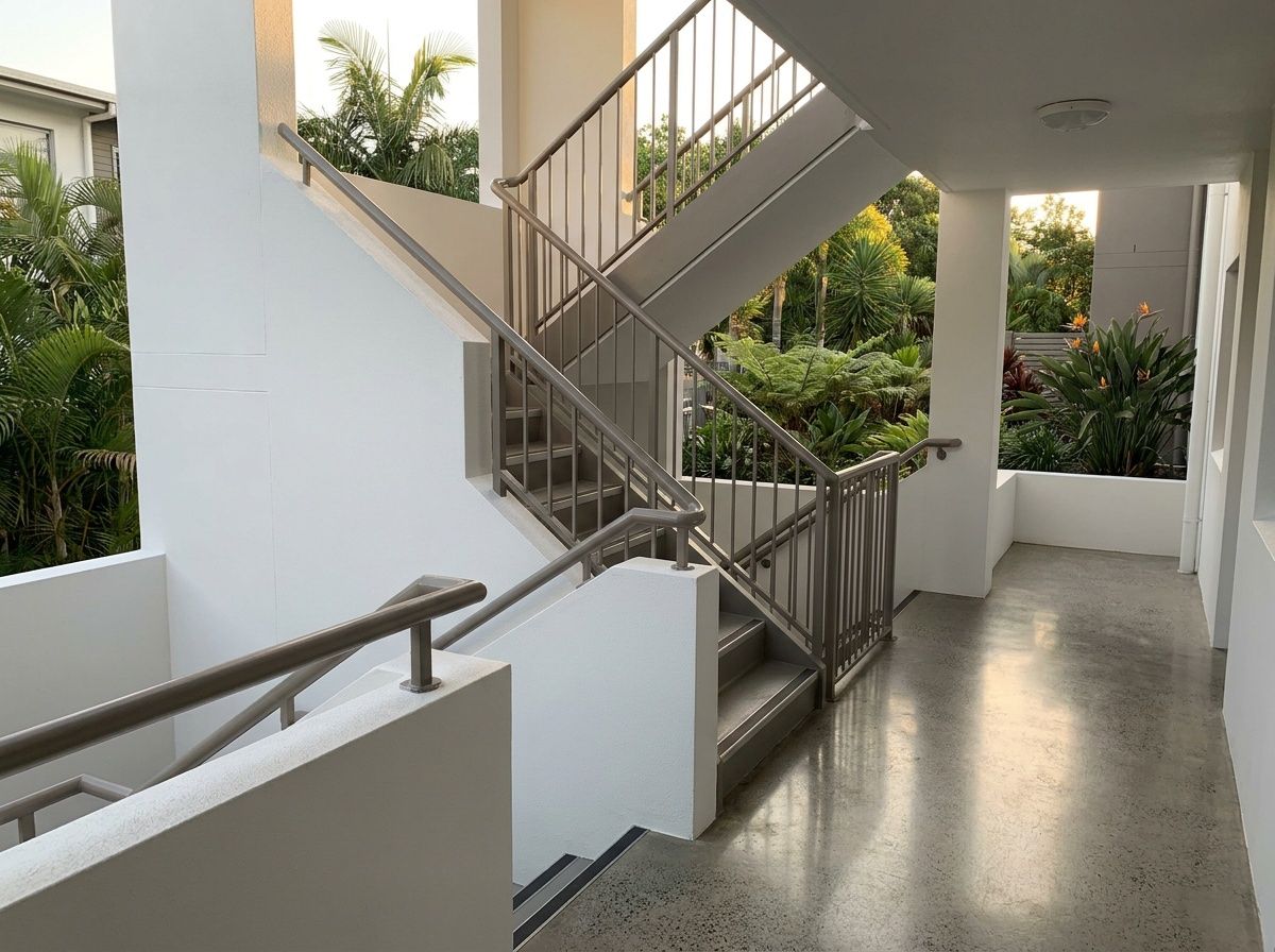 Covered outdoor stairwell with metal railings and white walls in a building corridor