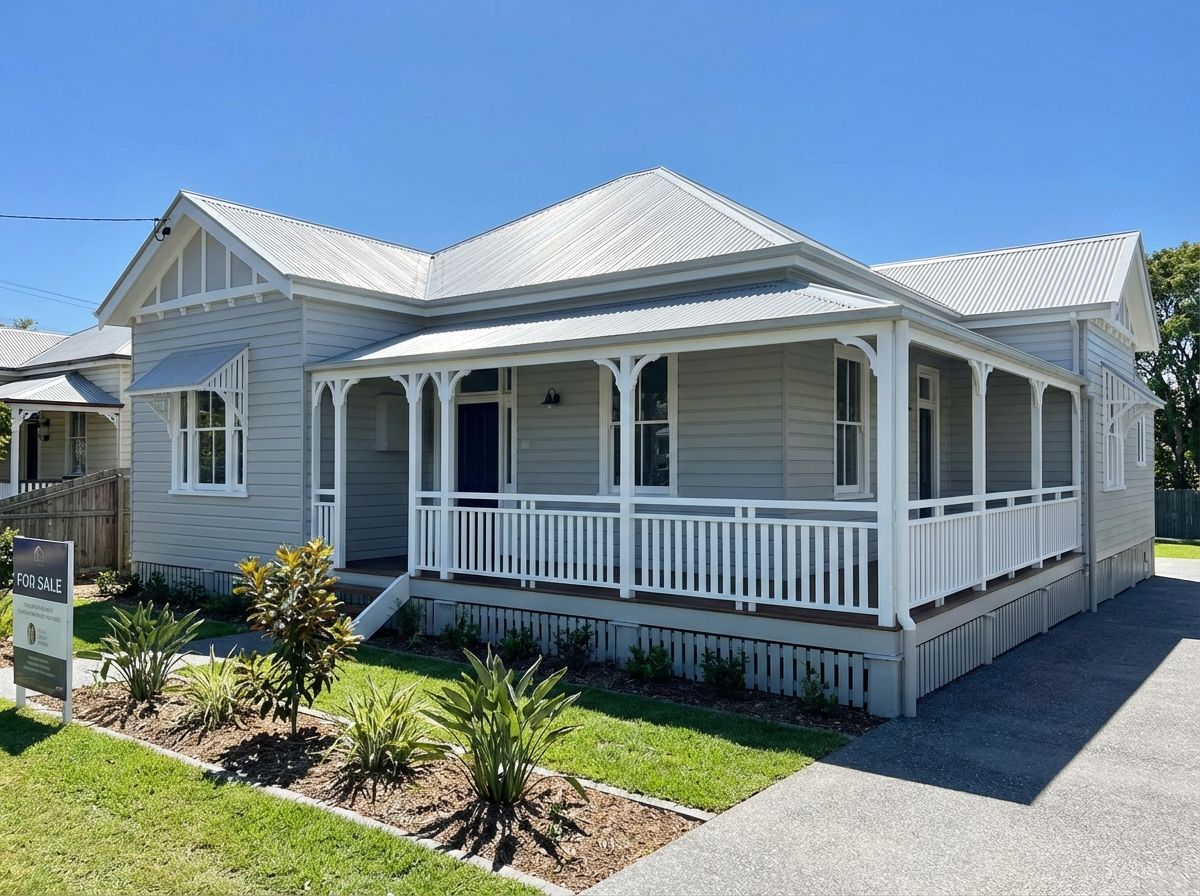 Freshly painted house with a wraparound porch, metal roof, and landscaped front yard.