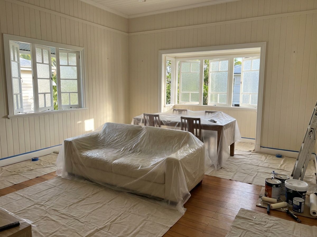 Living room with wrapped sofa, table by large windows, and painting materials on the floor.