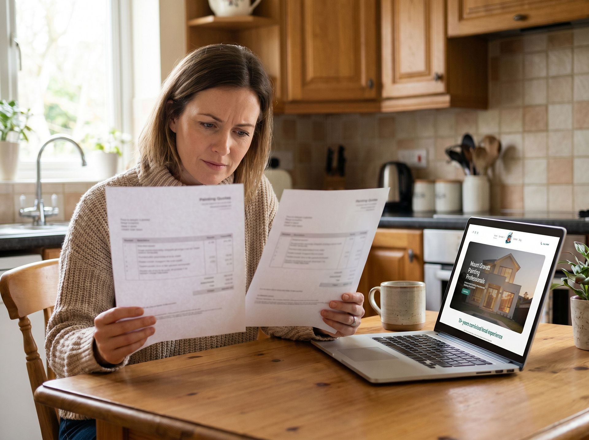 Woman reviewing quotes at a kitchen table beside a laptop in a warm, sunlit kitchen