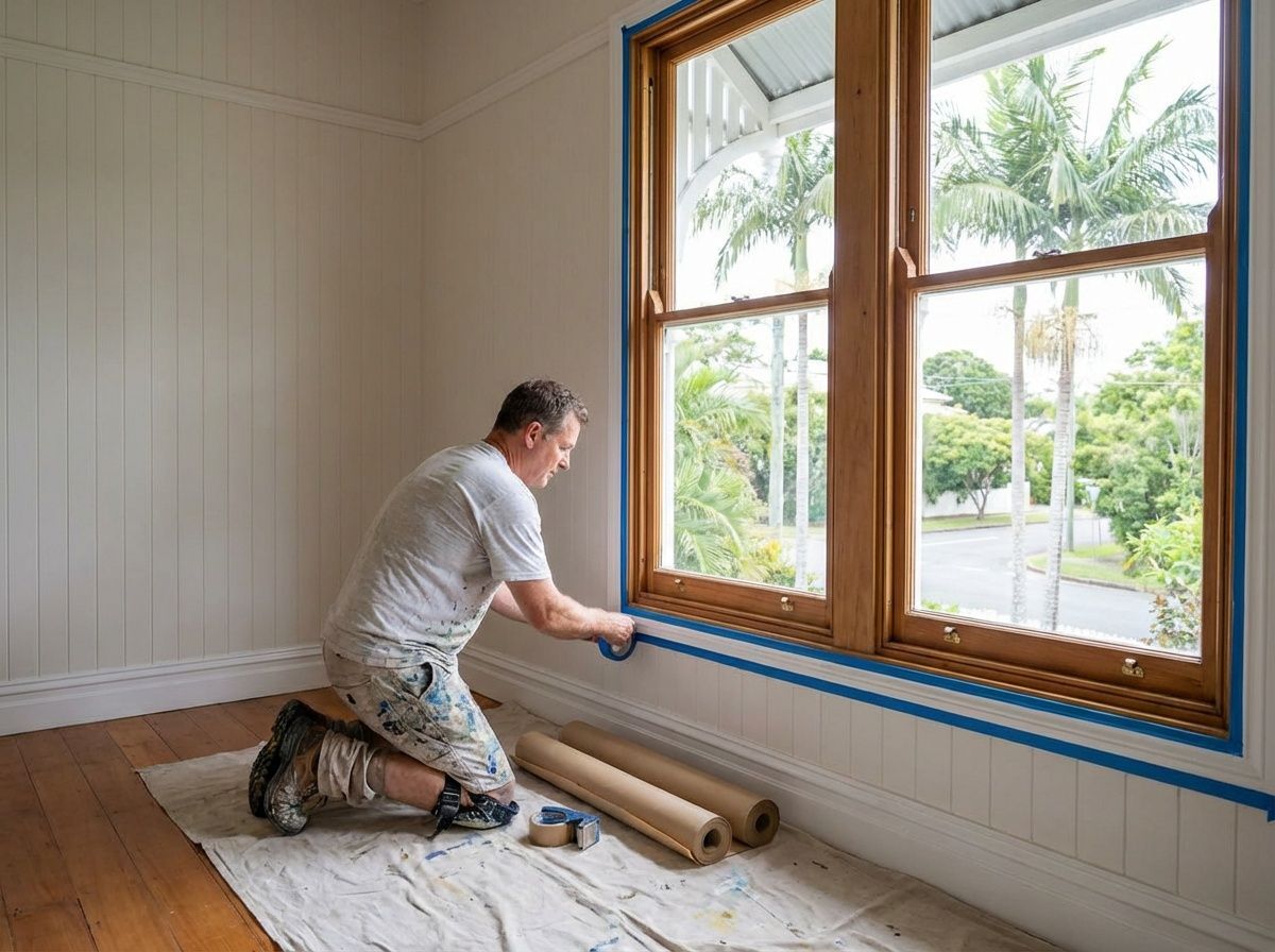 Person kneeling by a window, applying blue tape along a window before painting.