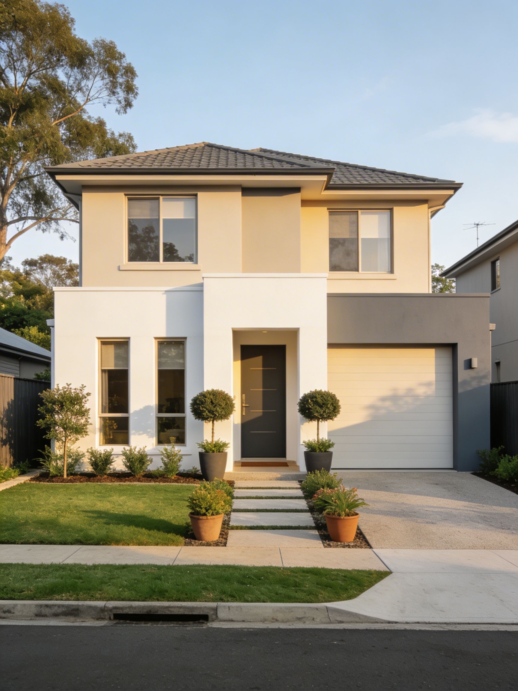 Two-story modern home with light exterior, dark gray garage door, and manicured lawn.