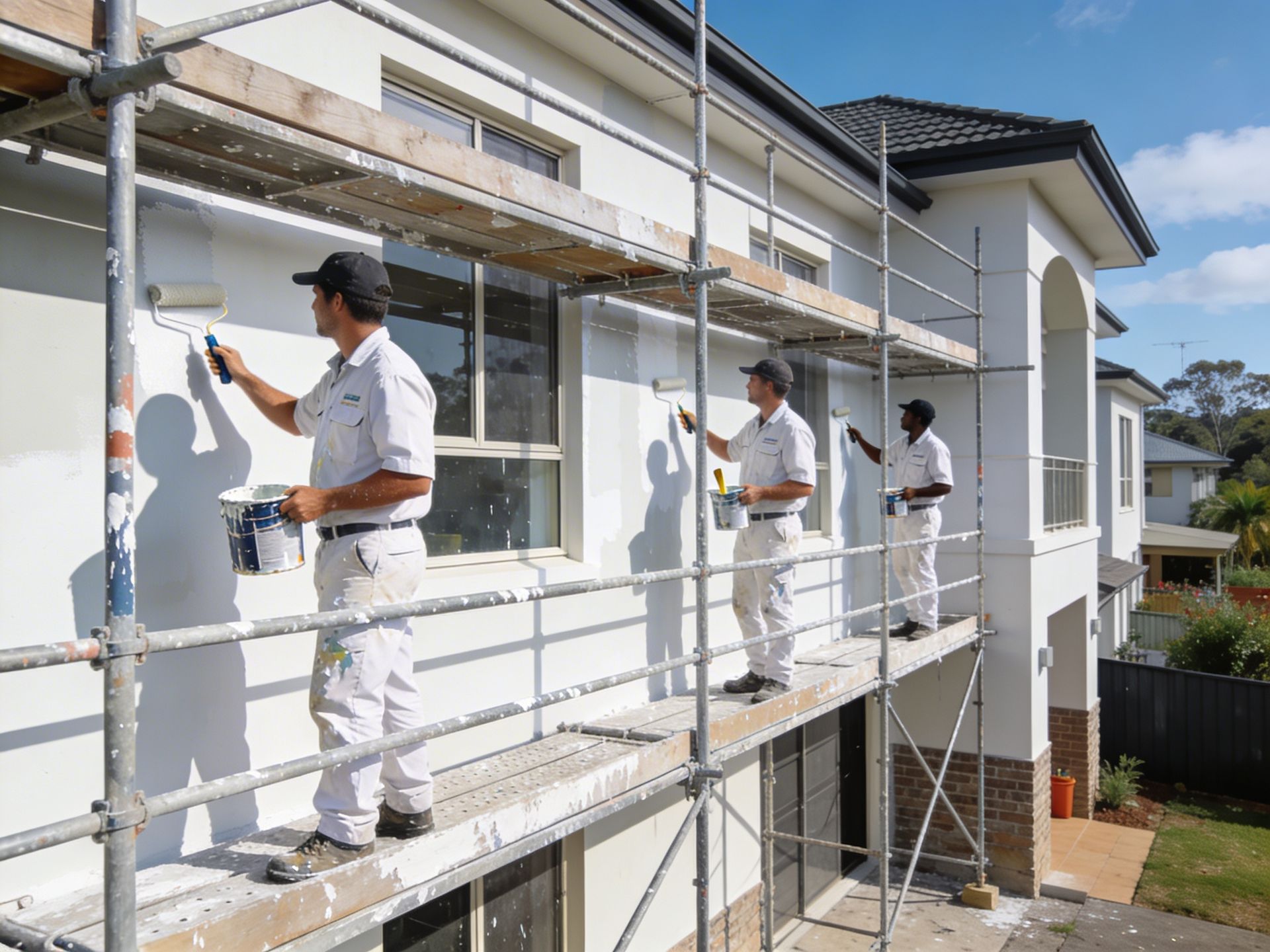 Three painters in white uniforms on scaffolding painting a white building exterior.