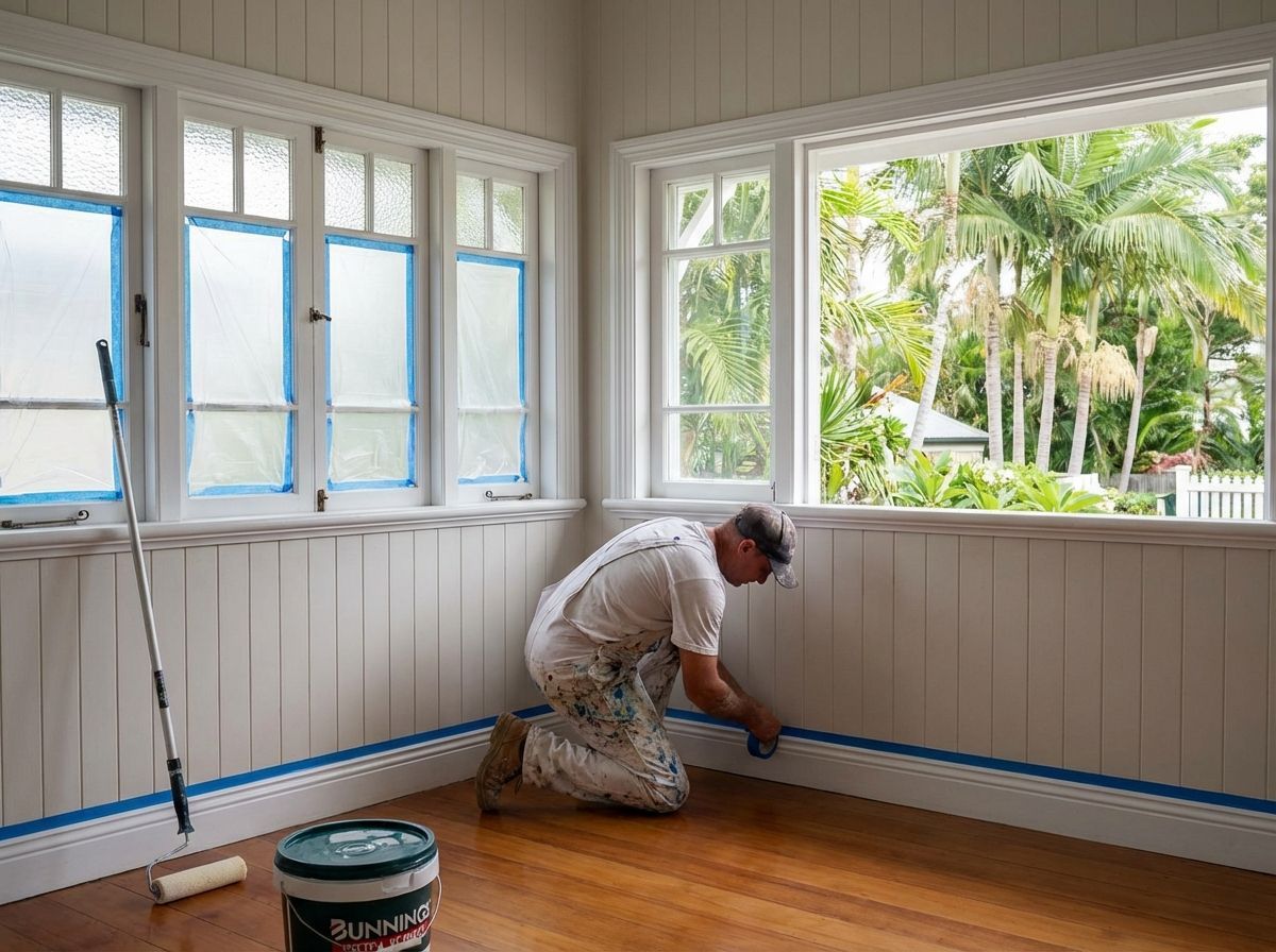 Painter untaping walls and windows after a fresh coat of paint.