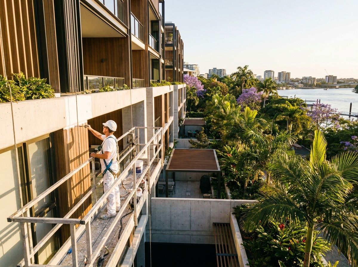 Painter on scaffolding painting a Brisbane apartment building exterior.