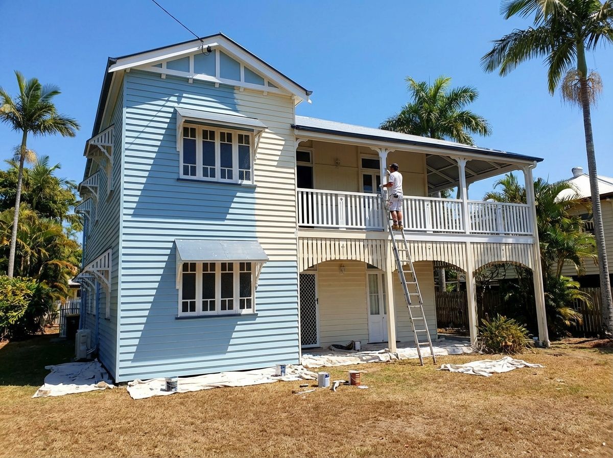 Historic weatherboard home receiving a fresh coat of paint.