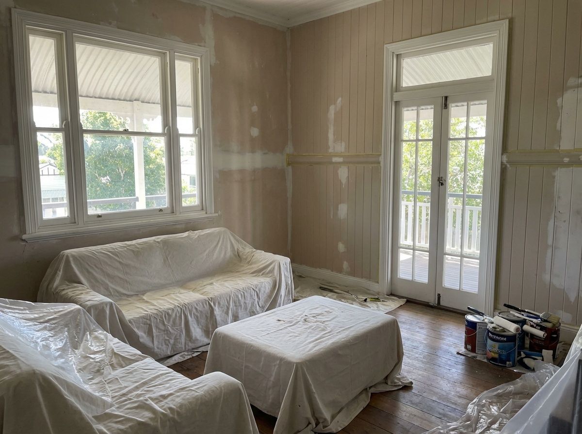 Paint prepped living room with furniture covered in white sheets and painting equipment on the floor.