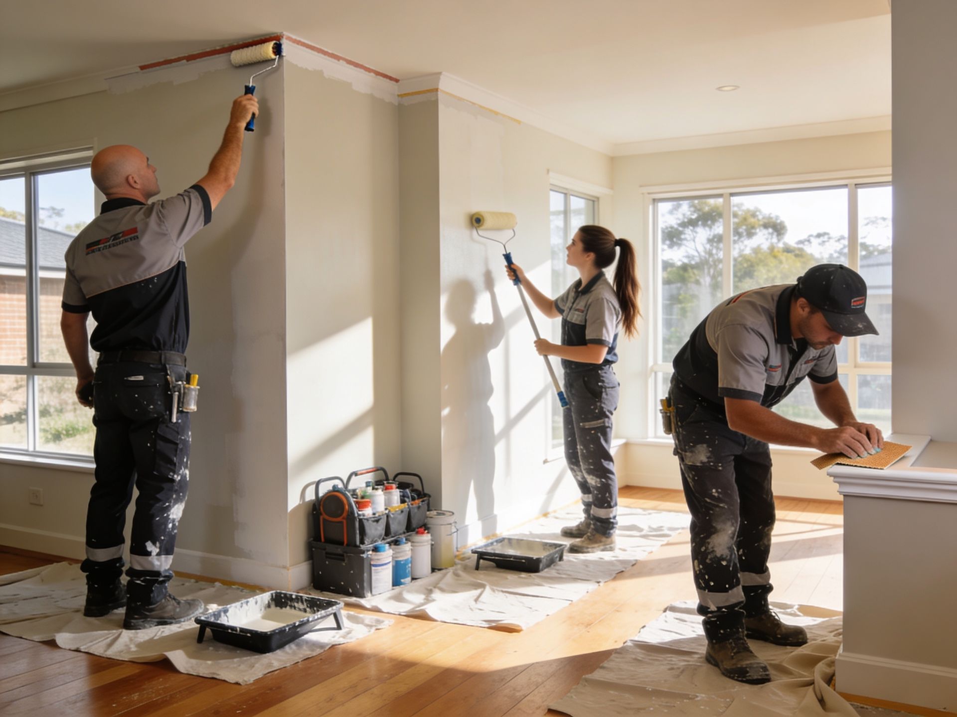 Three workers painting a bright room interior with rollers and brushes