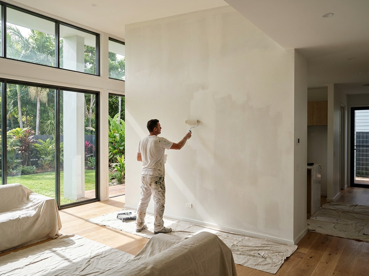 Man painting a wall in a modern room with large windows, using a roller.