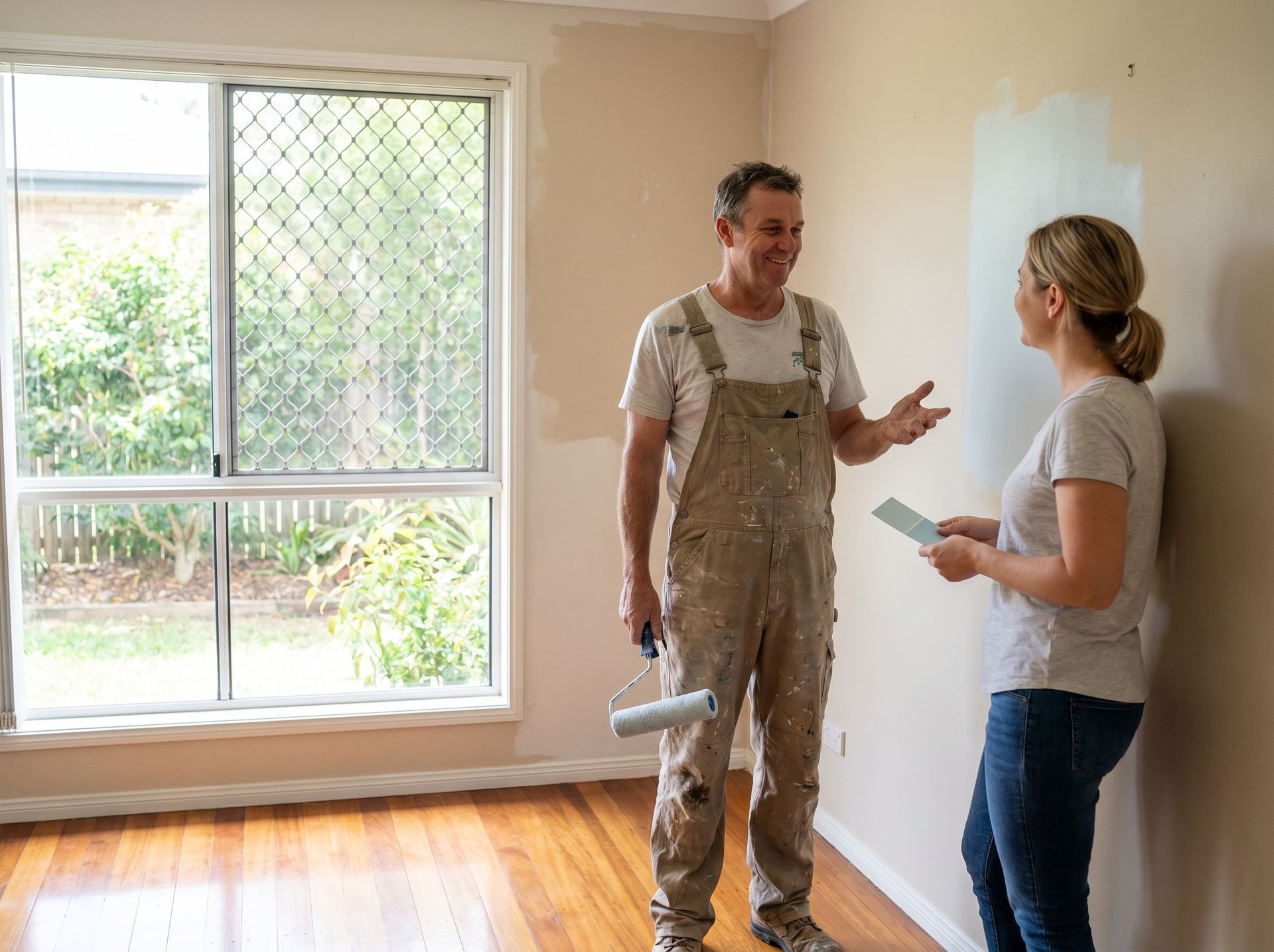 Two people discussing home renovation in a bright room with a large window, one holding paint sample cards.