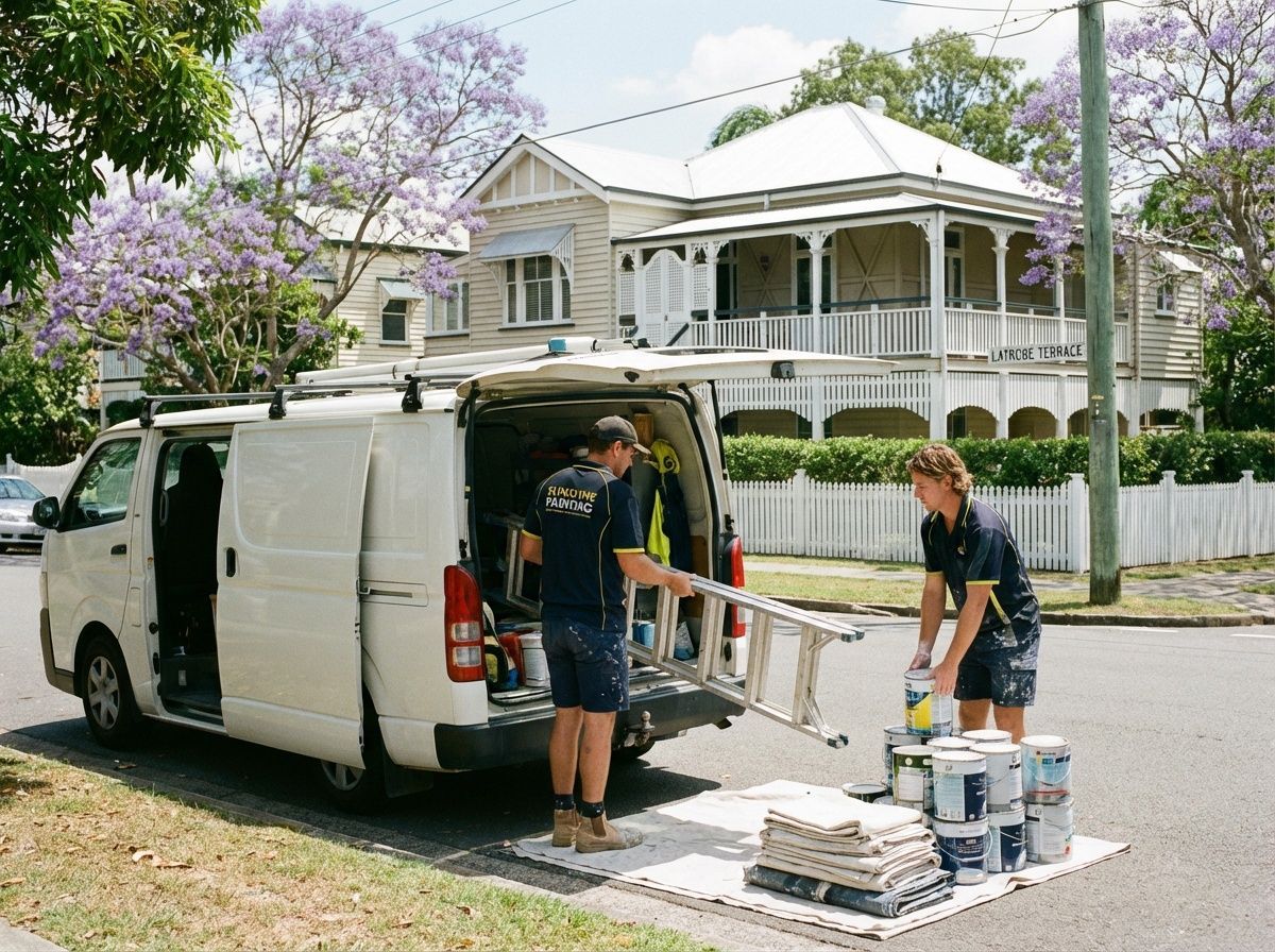 Two painters unloading supplies from a white van in front of a house in coorparoo; ladder, paint cans, and pallets.