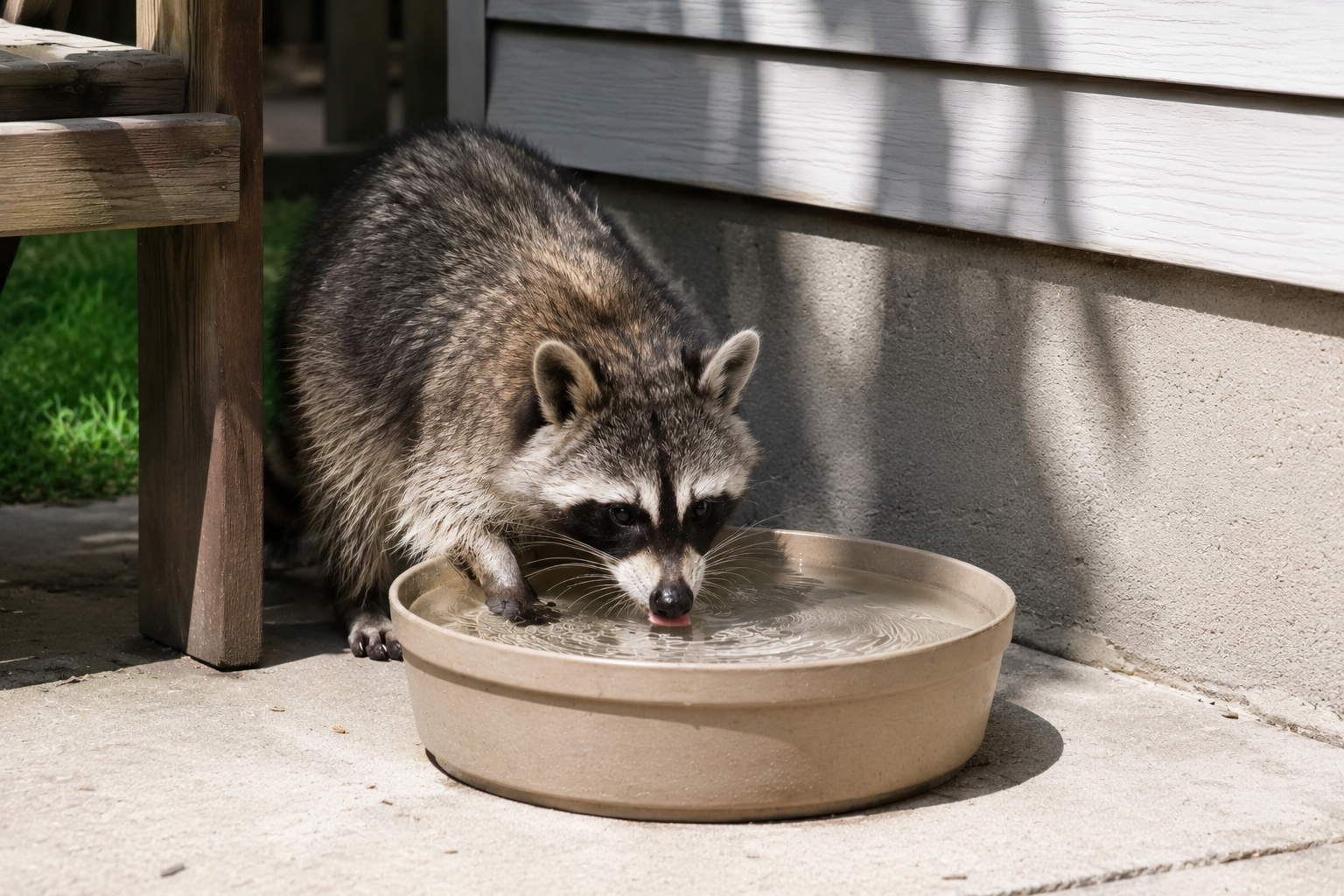 Raccoon drinking from a beige bowl on a concrete patio beside a house wall