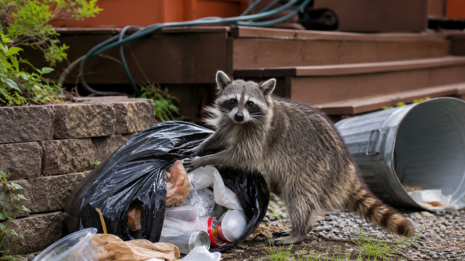 Raccoon rummaging through trash bags beside a tipped metal can in a backyard.