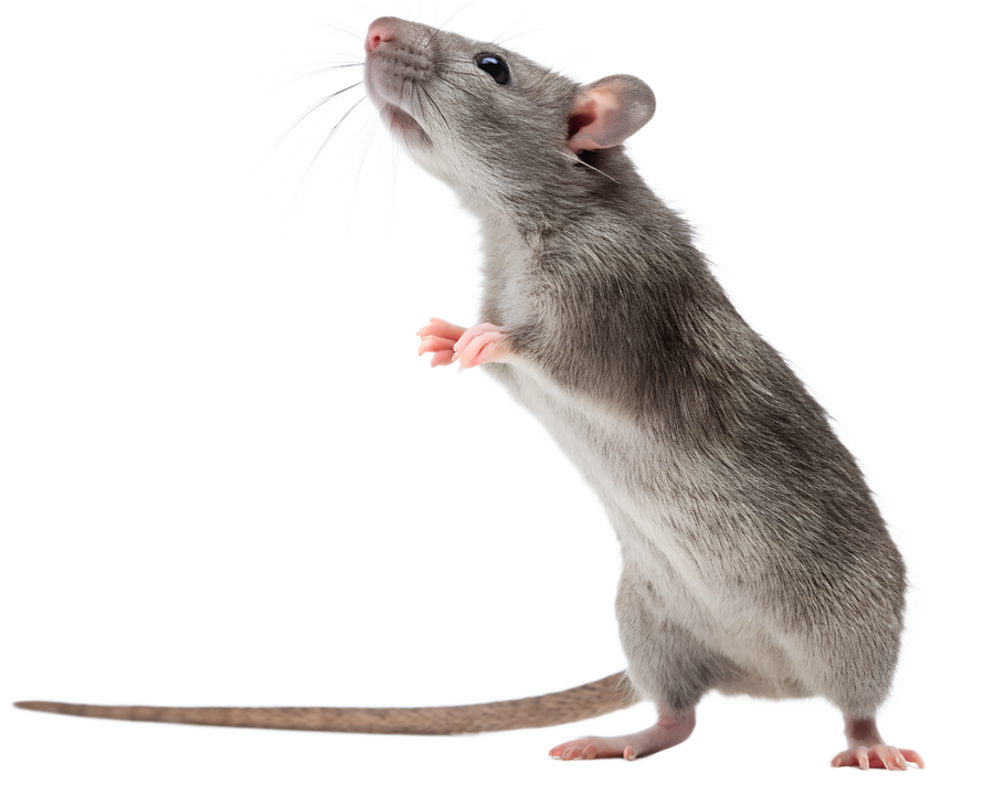 Gray rat standing upright, looking up.