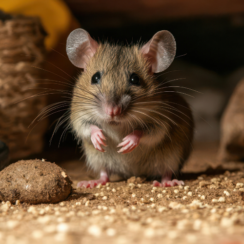Brown mouse with large ears and whiskers, standing on small pebbles, looking directly at the viewer.